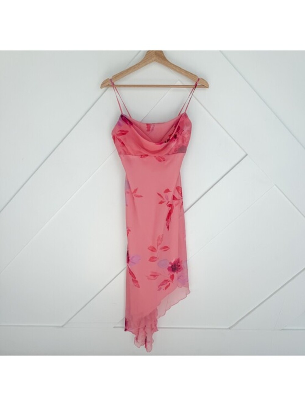 Y2K Fairy Pink Floral Asymmetrical Slip Dress Spaghetti Straps S